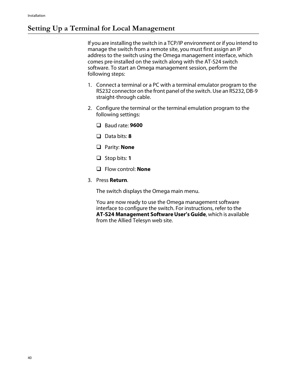 Setting up a terminal for local management, E ‘setting up a terminal for local management | Allied Telesis AT-8288XL/SC User Manual | Page 40 / 80