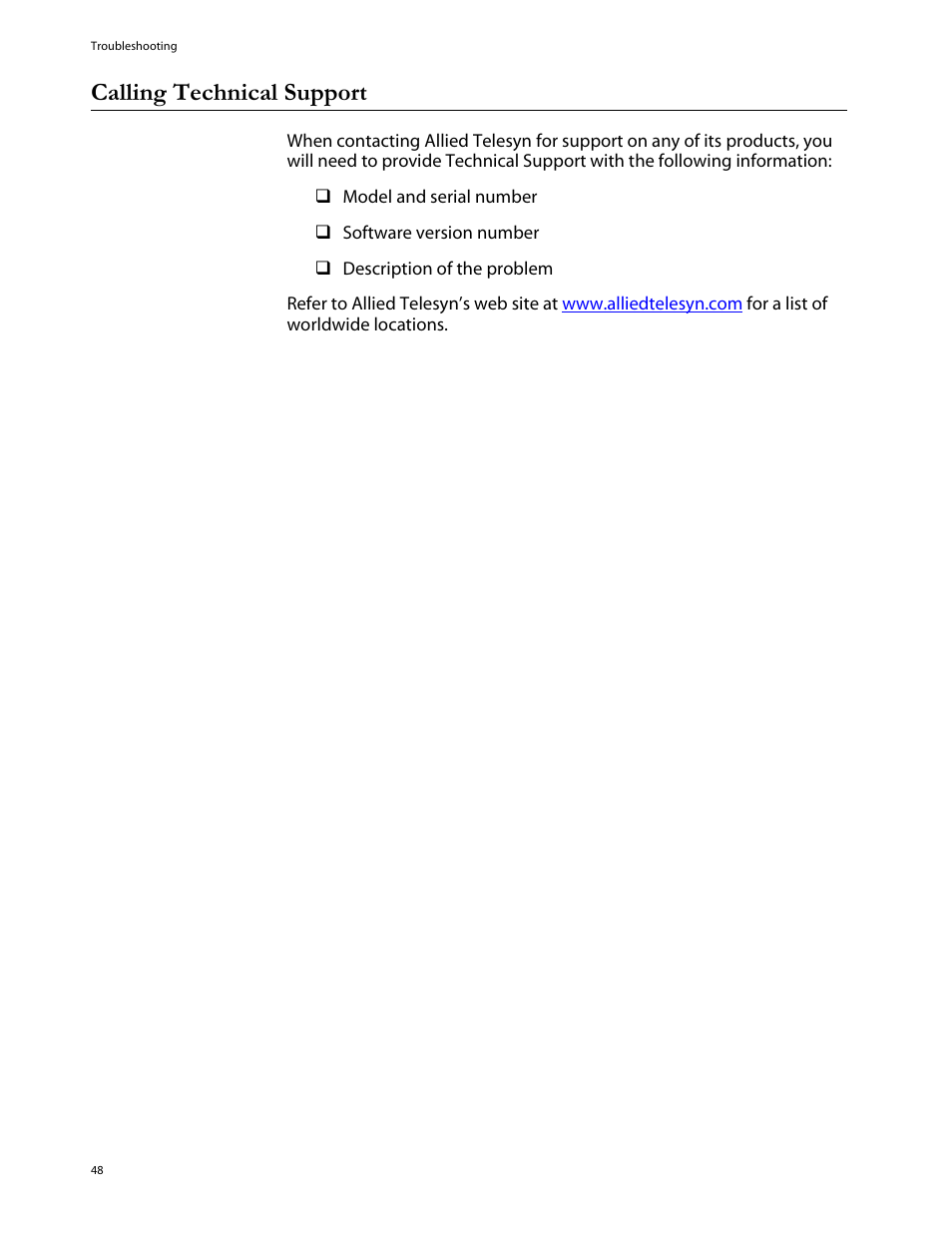 Calling technical support | Allied Telesis AT-8288XL/SC User Manual | Page 48 / 80