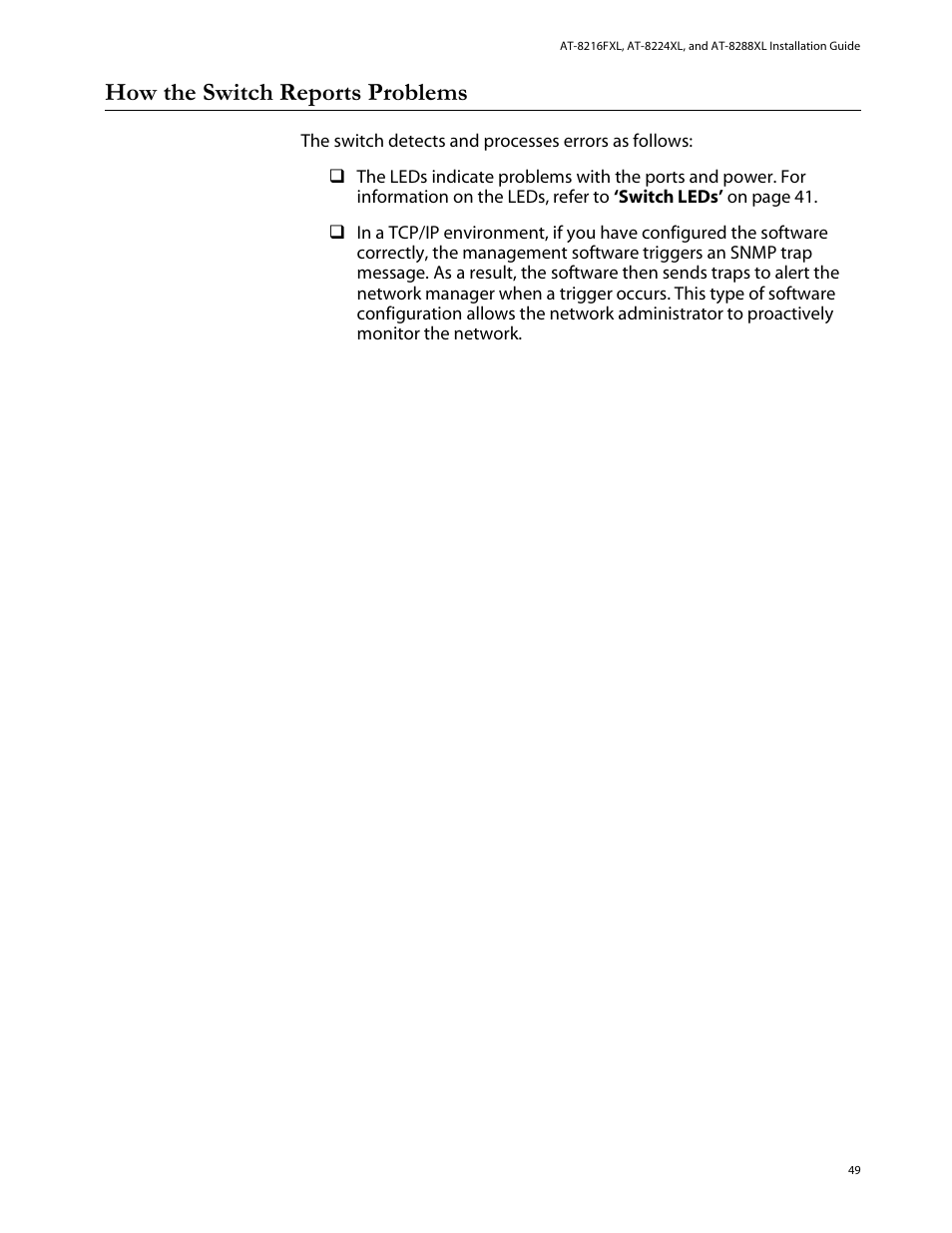 How the switch reports problems, How the switch reports problem | Allied Telesis AT-8288XL/SC User Manual | Page 49 / 80