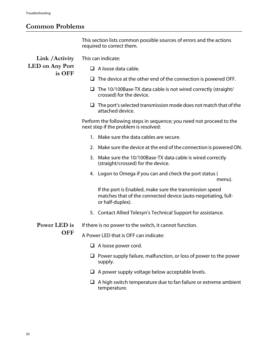Common problems, Link /activity led on any port is off, Power led is off | Allied Telesis AT-8288XL/SC User Manual | Page 50 / 80