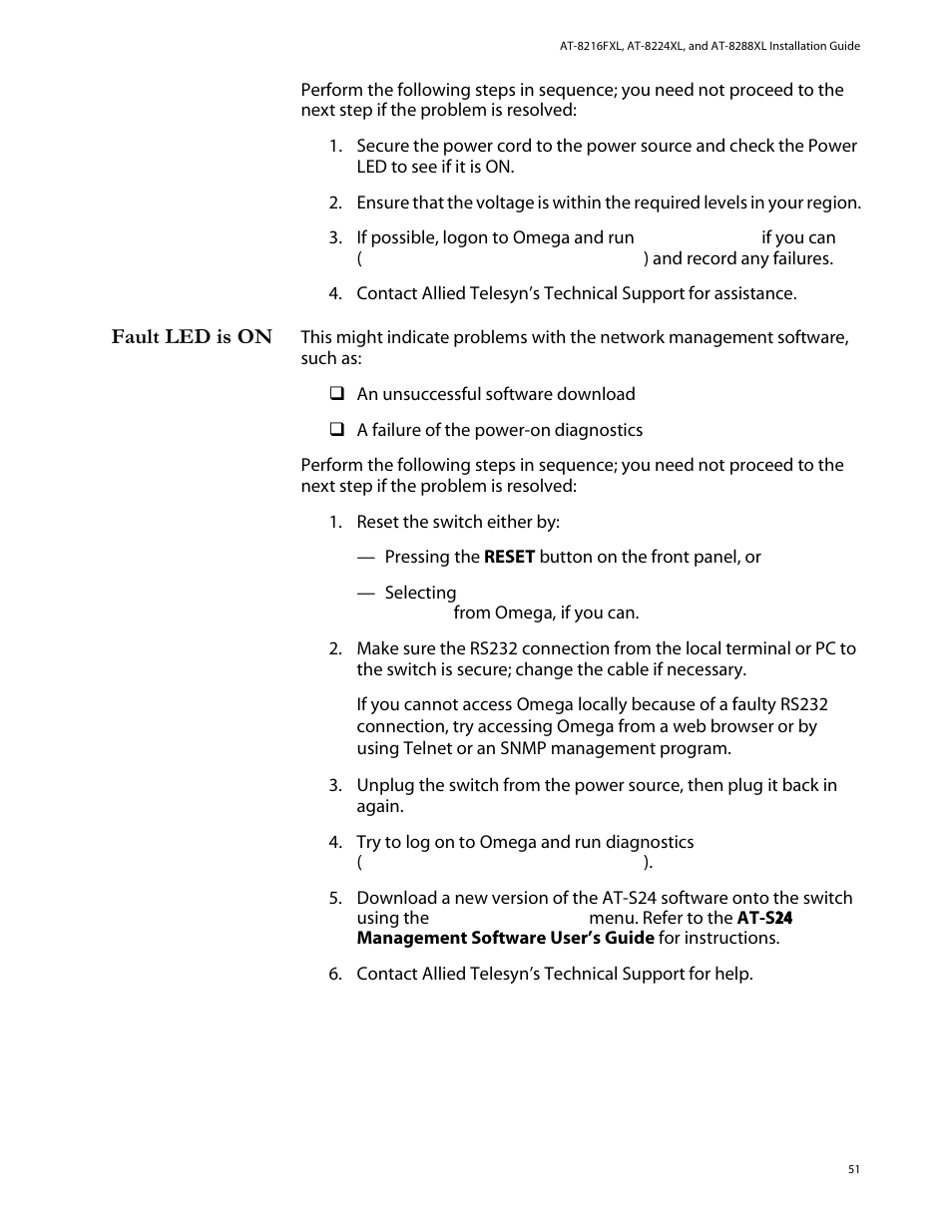 Fault led is on | Allied Telesis AT-8288XL/SC User Manual | Page 51 / 80