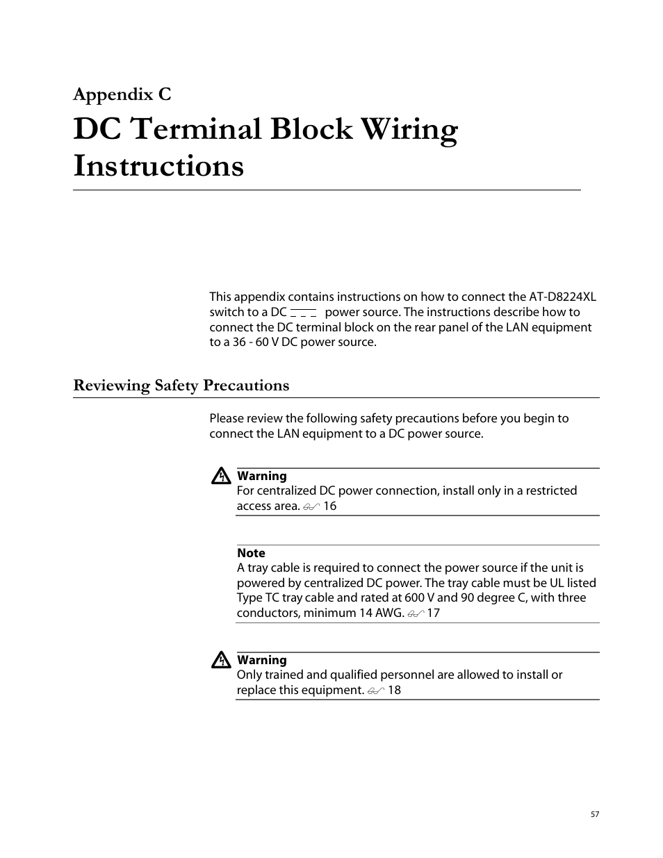 Appendix c, Dc terminal block wiring instructions, Reviewing safety precautions | Allied Telesis AT-8288XL/SC User Manual | Page 57 / 80