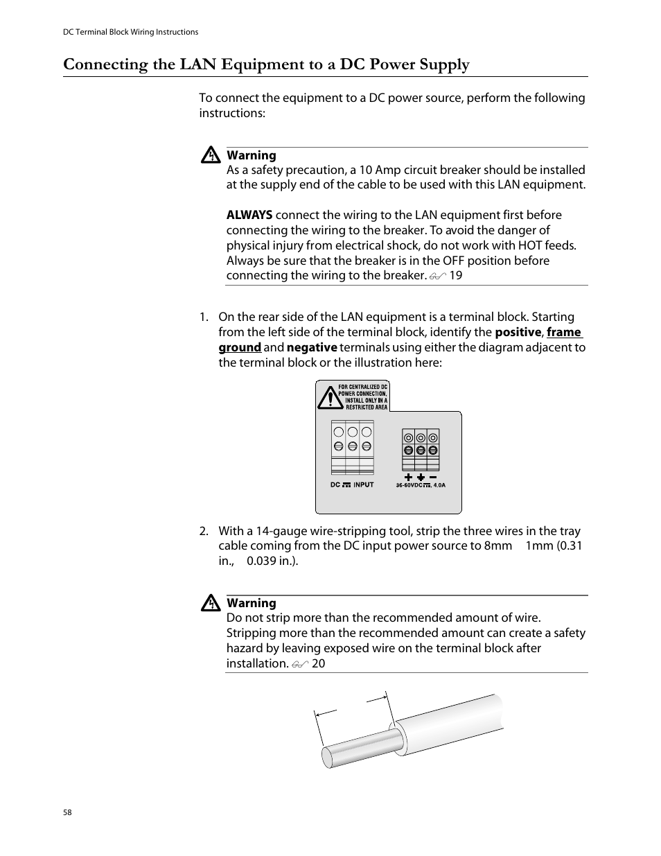 Connecting the lan equipment to a dc power supply | Allied Telesis AT-8288XL/SC User Manual | Page 58 / 80