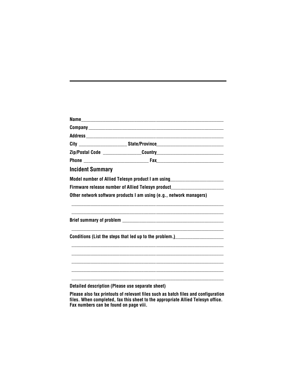 Appendix c, Technical support fax order, Incident summary | Allied Telesis AT-MCF112VF, SM, LH User Manual | Page 51 / 52