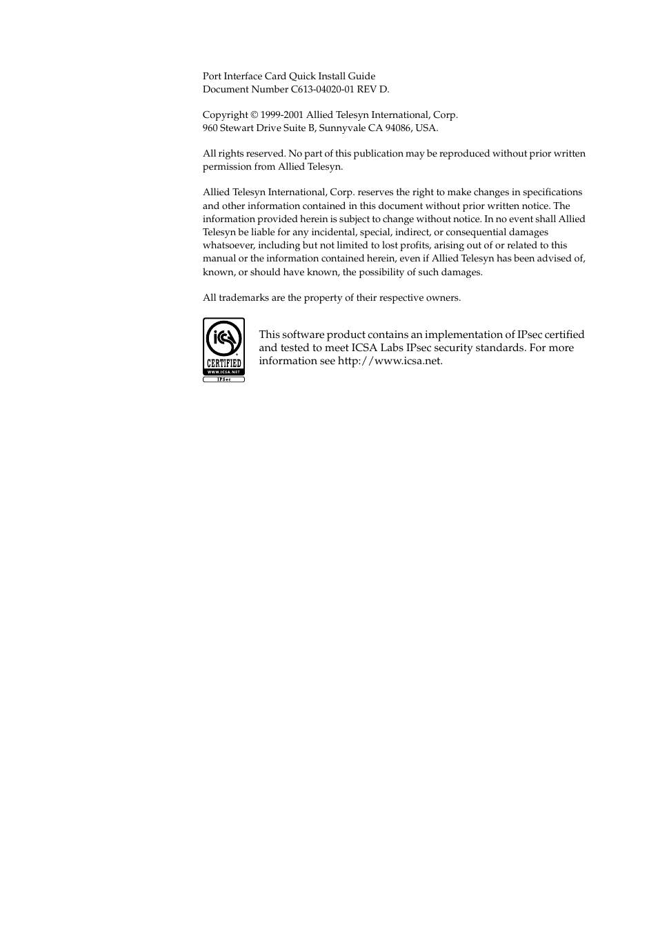 Copyright | Allied Telesis Port Interface Card User Manual | Page 2 / 6