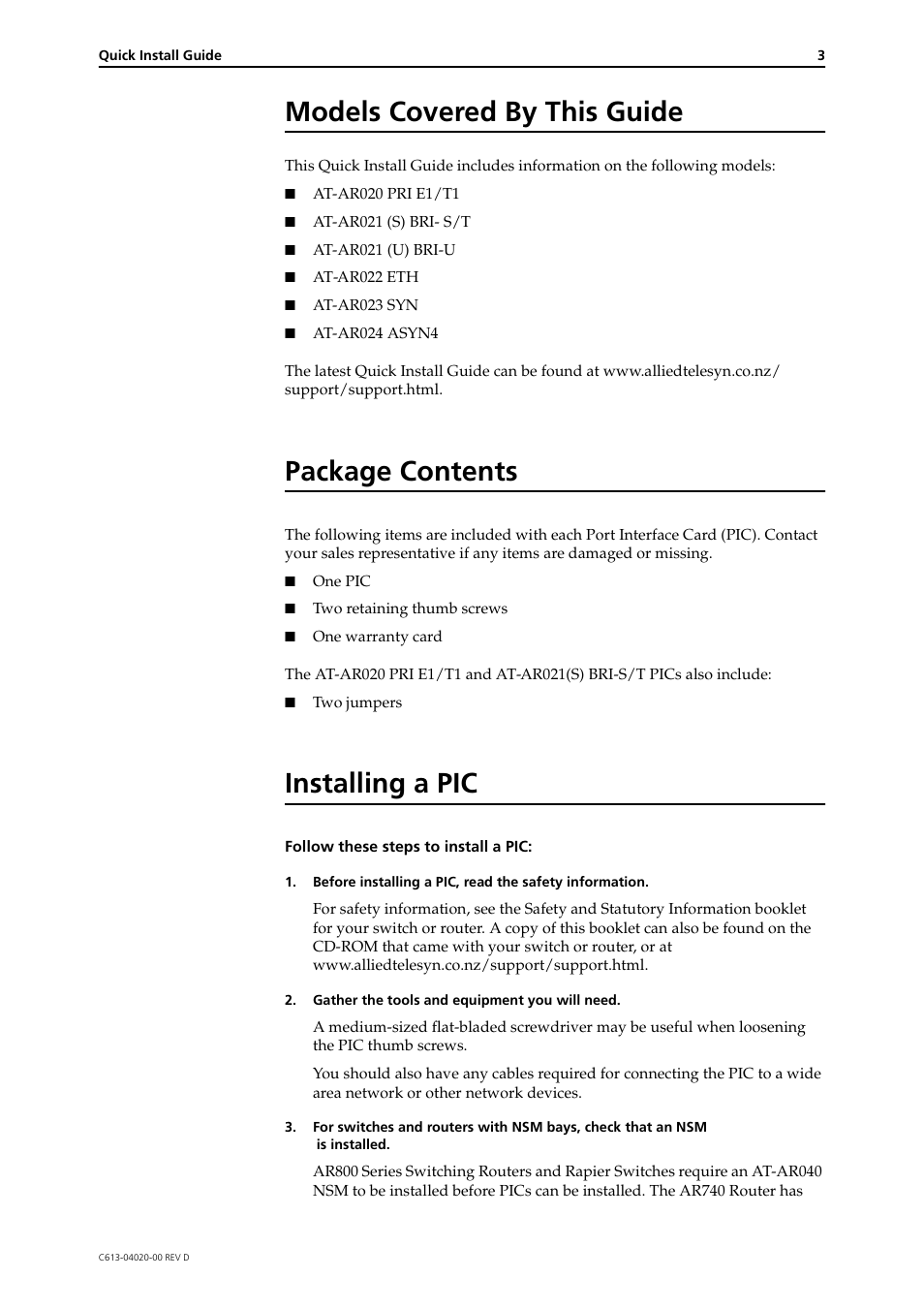 Models covered by this guide, Package contents, Installing a pic | Allied Telesis Port Interface Card User Manual | Page 3 / 6