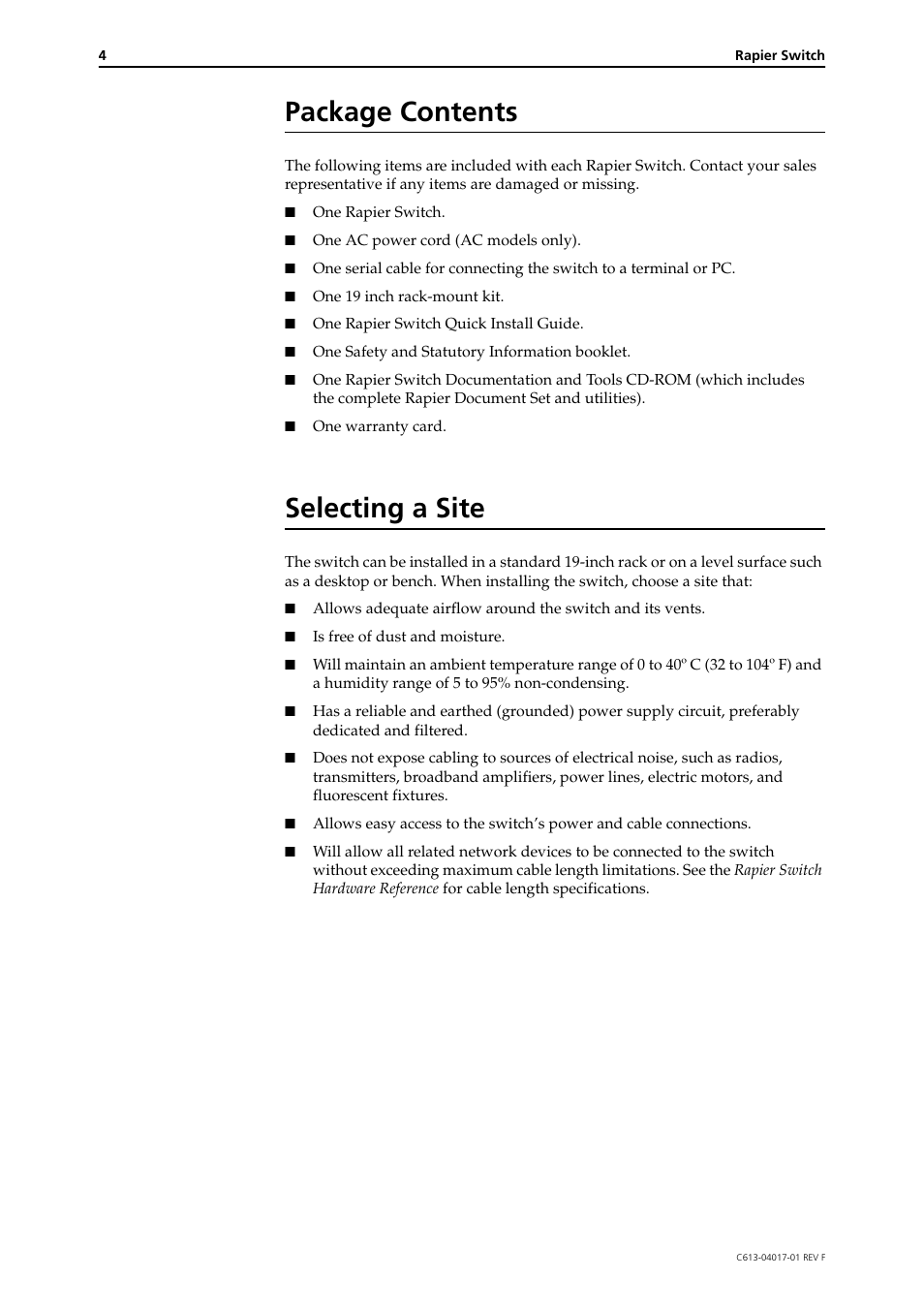 Package contents, Selecting a site | Allied Telesis Rapier Switch User Manual | Page 4 / 11