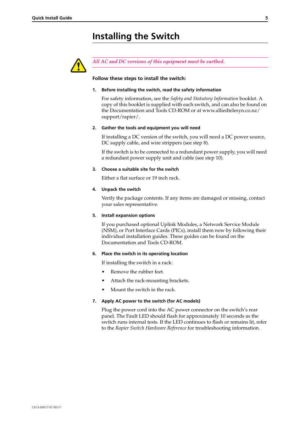 Installing the switch | Allied Telesis Rapier Switch User Manual | Page 5 / 11