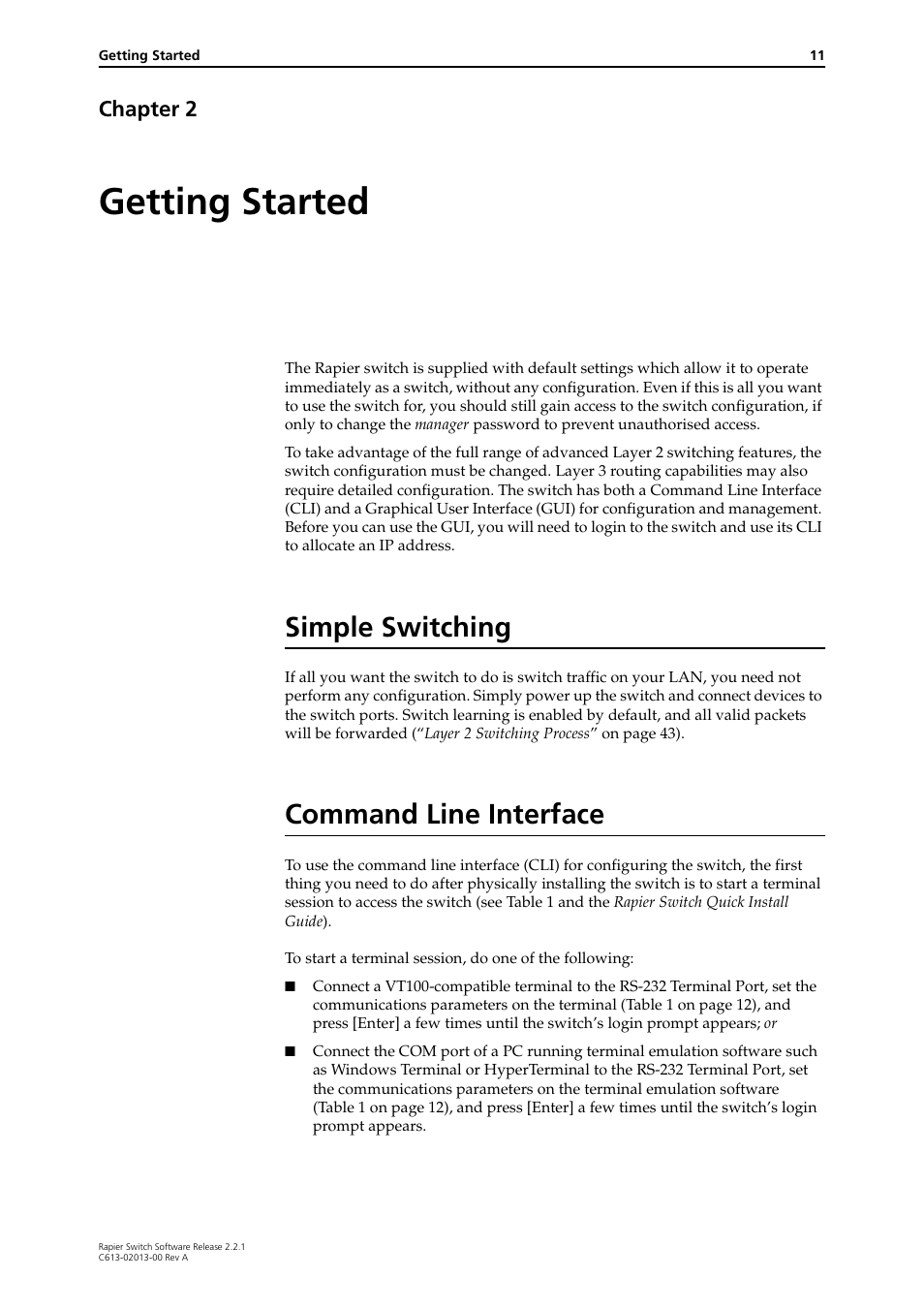 Getting started, Simple switching, Command line interface | Chapter 2, Simple switching command line interface, Chapter 2, getting started | Allied Telesis Rapier Switch User Manual | Page 11 / 66