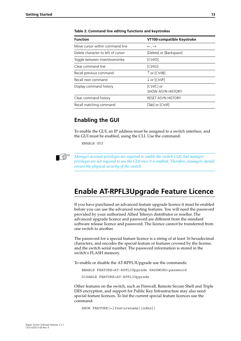 Enabling the gui, Enable at-rpfl3upgrade feature licence | Allied Telesis Rapier Switch User Manual | Page 13 / 66