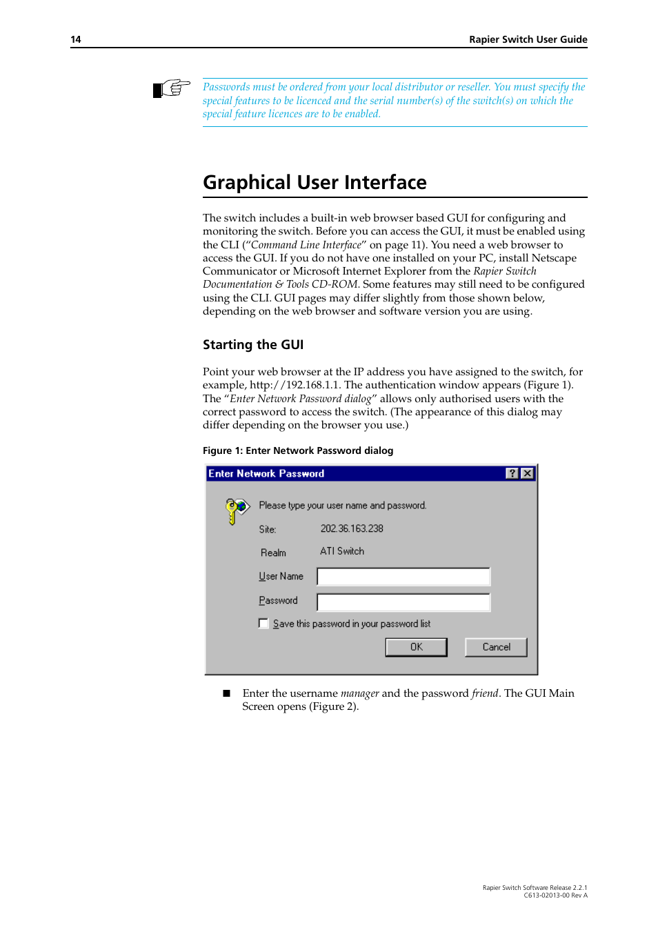 Graphical user interface, Starting the gui | Allied Telesis Rapier Switch User Manual | Page 14 / 66