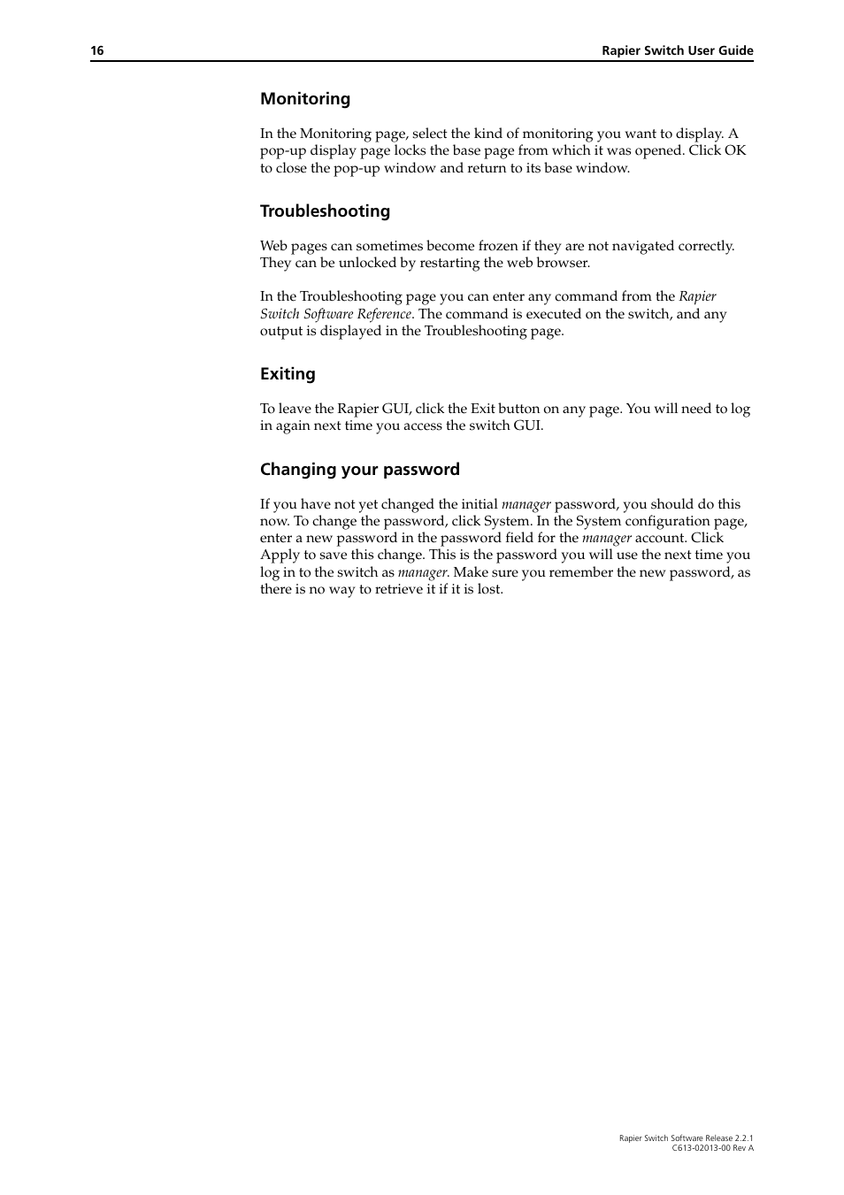 Monitoring, Troubleshooting, Exiting | Changing your password | Allied Telesis Rapier Switch User Manual | Page 16 / 66