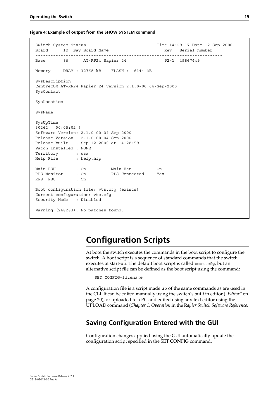 Configuration scripts, Saving configuration entered with the gui | Allied Telesis Rapier Switch User Manual | Page 19 / 66