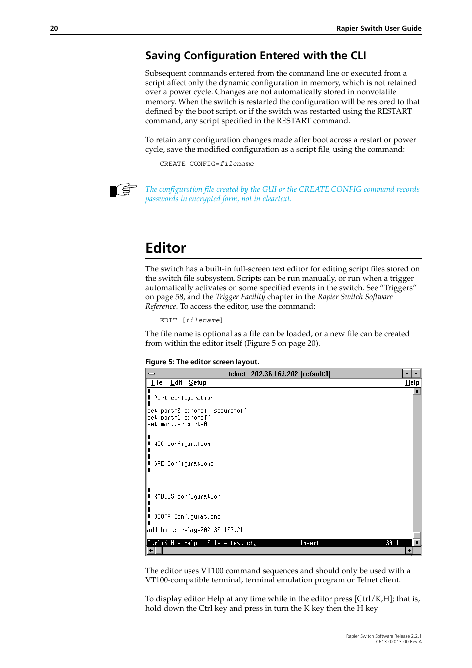 Saving configuration entered with the cli, Editor | Allied Telesis Rapier Switch User Manual | Page 20 / 66