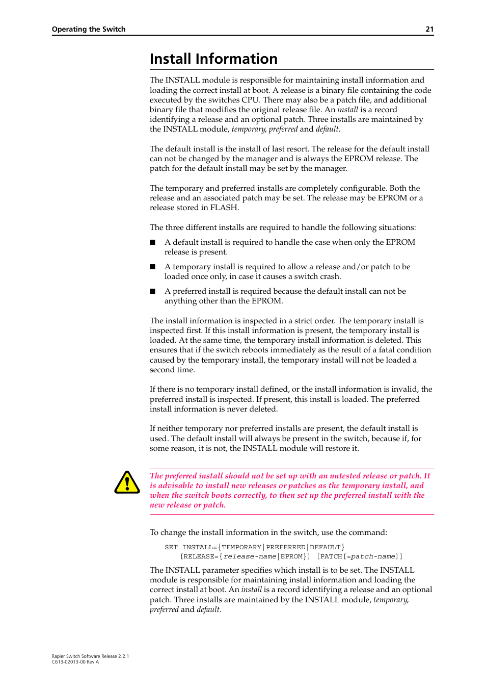 Install information | Allied Telesis Rapier Switch User Manual | Page 21 / 66