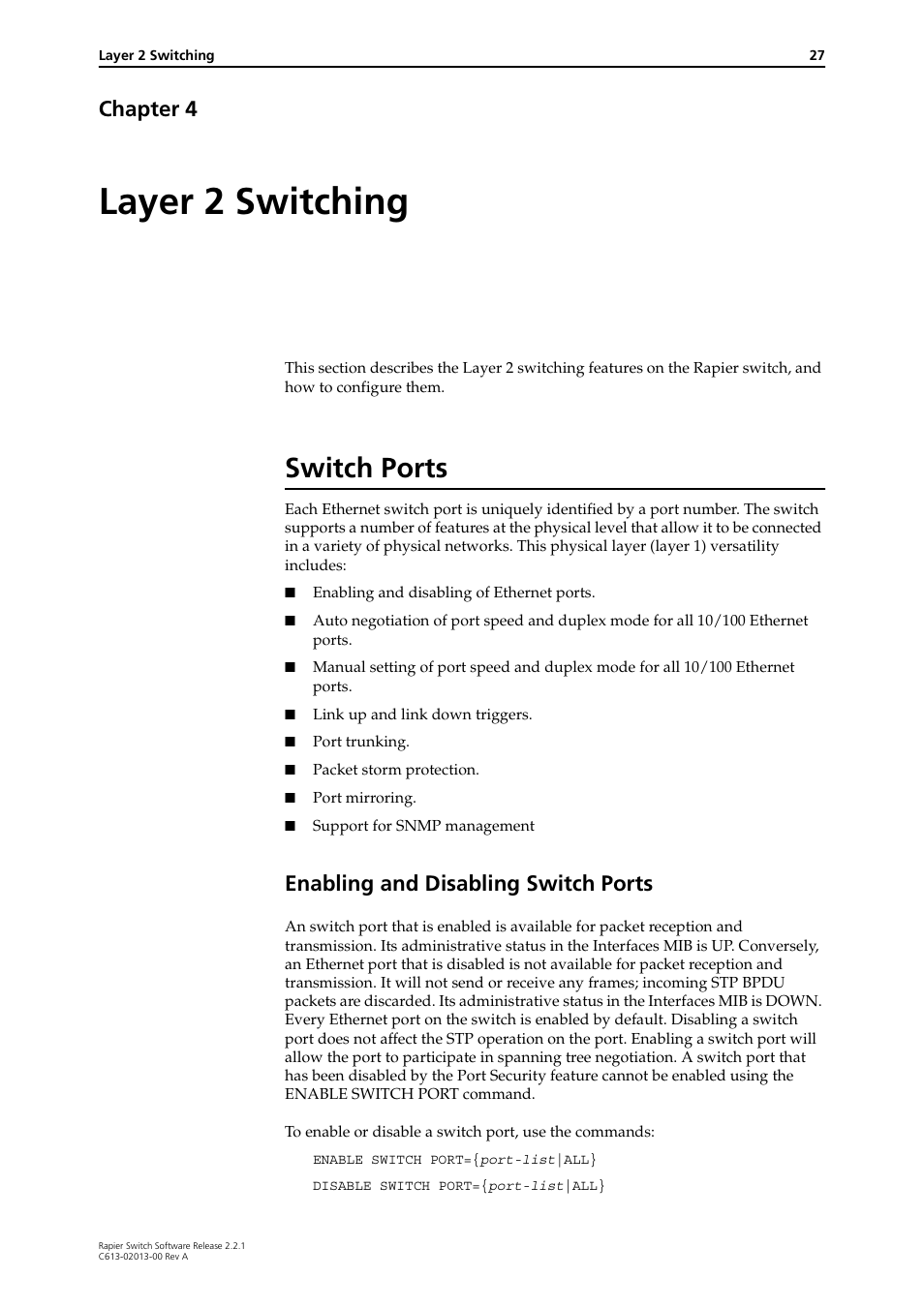 Layer 2 switching, Switch ports, Enabling and disabling switch ports | Chapter 4, Chapter 4, layer 2 switching | Allied Telesis Rapier Switch User Manual | Page 27 / 66