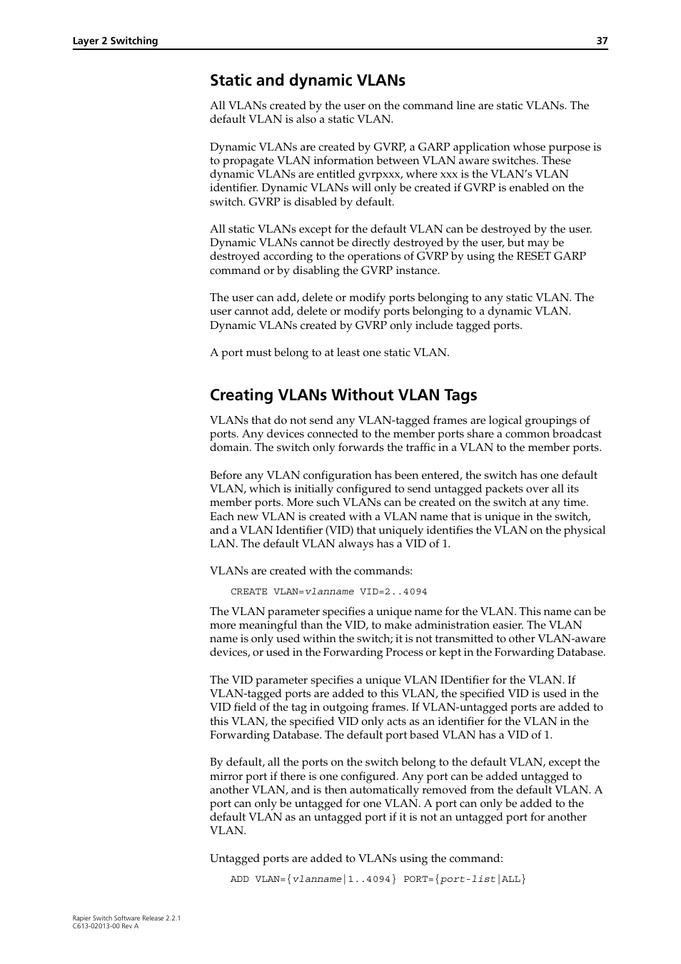 Static and dynamic vlans, Creating vlans without vlan tags | Allied Telesis Rapier Switch User Manual | Page 37 / 66