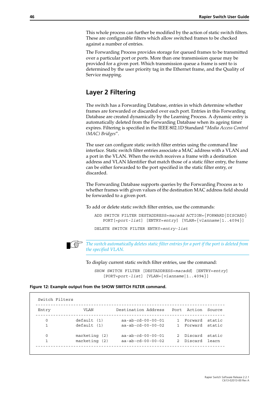 Layer 2 filtering | Allied Telesis Rapier Switch User Manual | Page 46 / 66