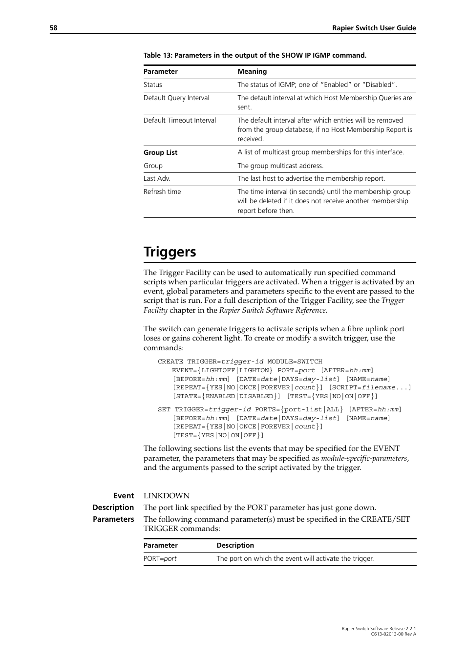 Triggers | Allied Telesis Rapier Switch User Manual | Page 58 / 66
