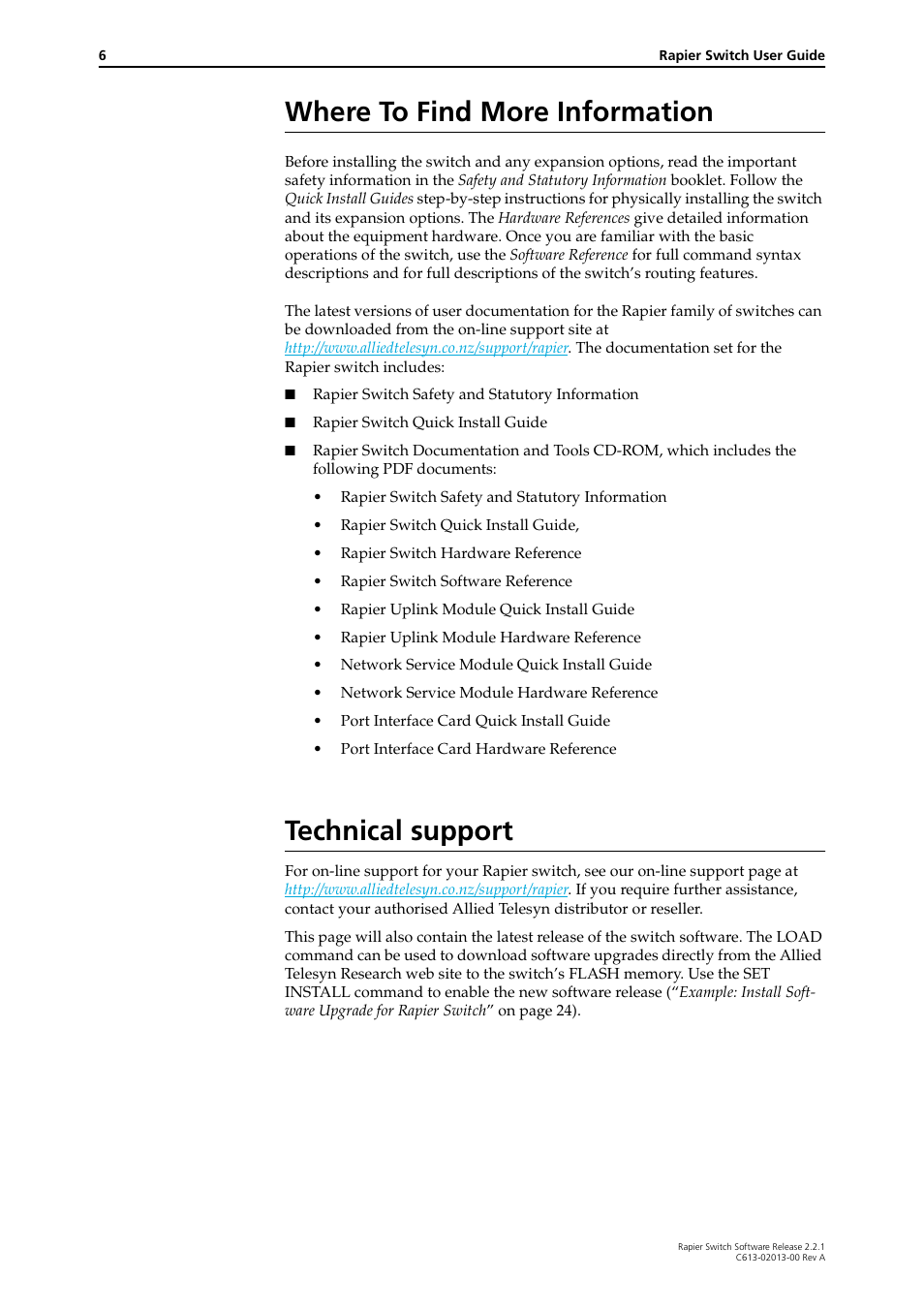 Where to find more information, Technical support, Where to find more information technical support | Rapier switch software reference . th | Allied Telesis Rapier Switch User Manual | Page 6 / 66