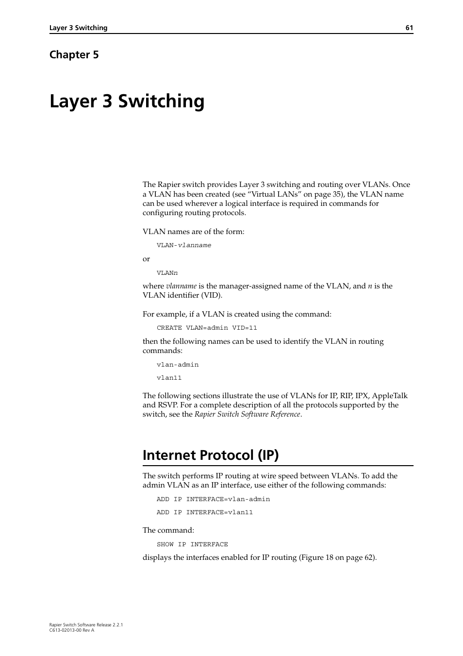 Layer 3 switching, Internet protocol (ip), Chapter 5 | Chapter 5, layer 3 switching | Allied Telesis Rapier Switch User Manual | Page 61 / 66