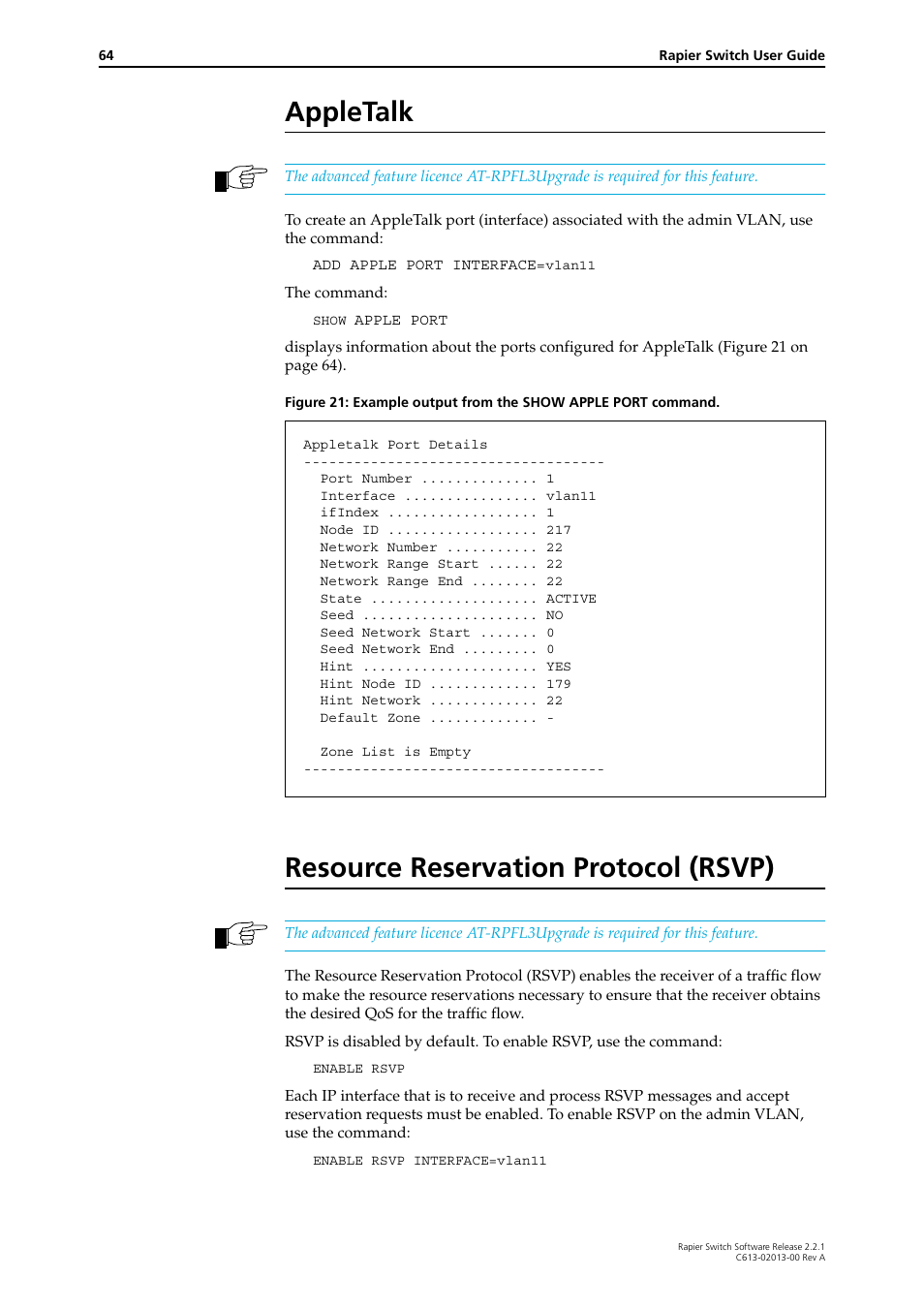 Appletalk, Resource reservation protocol (rsvp), Appletalk resource reservation protocol (rsvp) | Allied Telesis Rapier Switch User Manual | Page 64 / 66