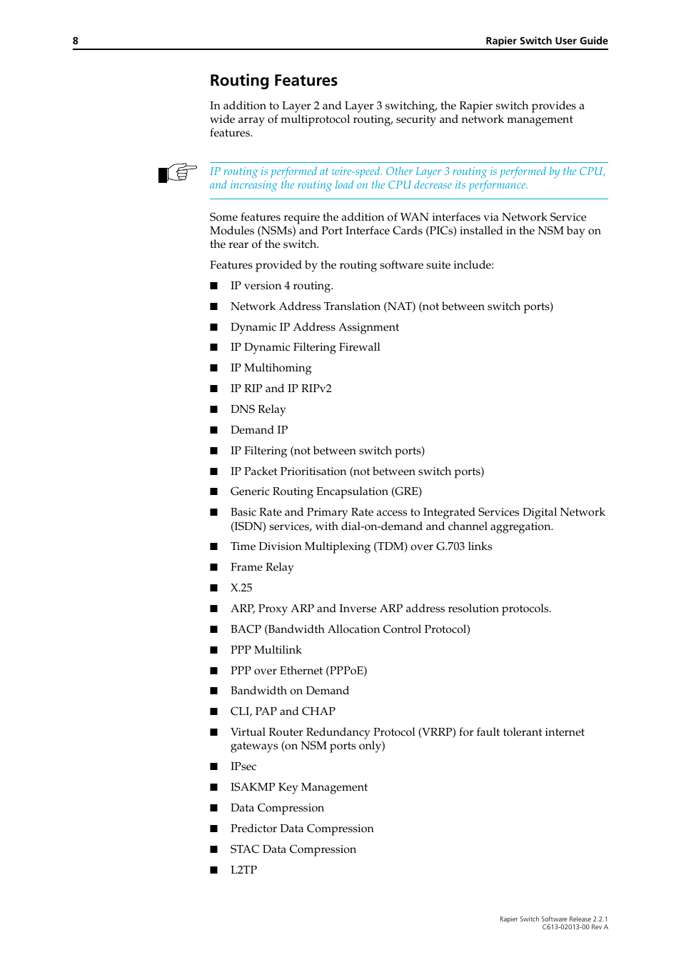 Routing features | Allied Telesis Rapier Switch User Manual | Page 8 / 66