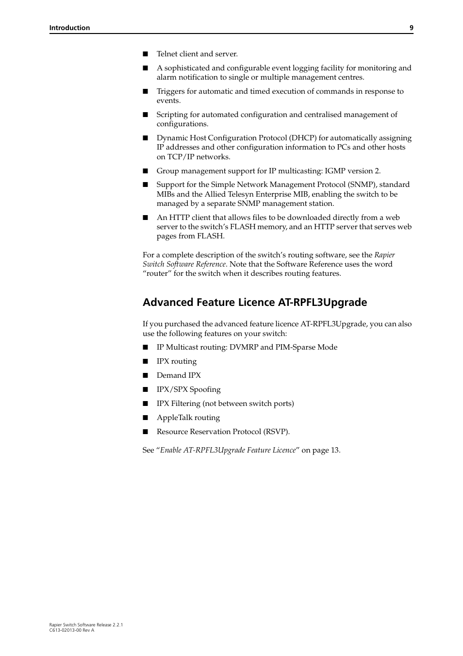 Advanced feature licence at-rpfl3upgrade | Allied Telesis Rapier Switch User Manual | Page 9 / 66