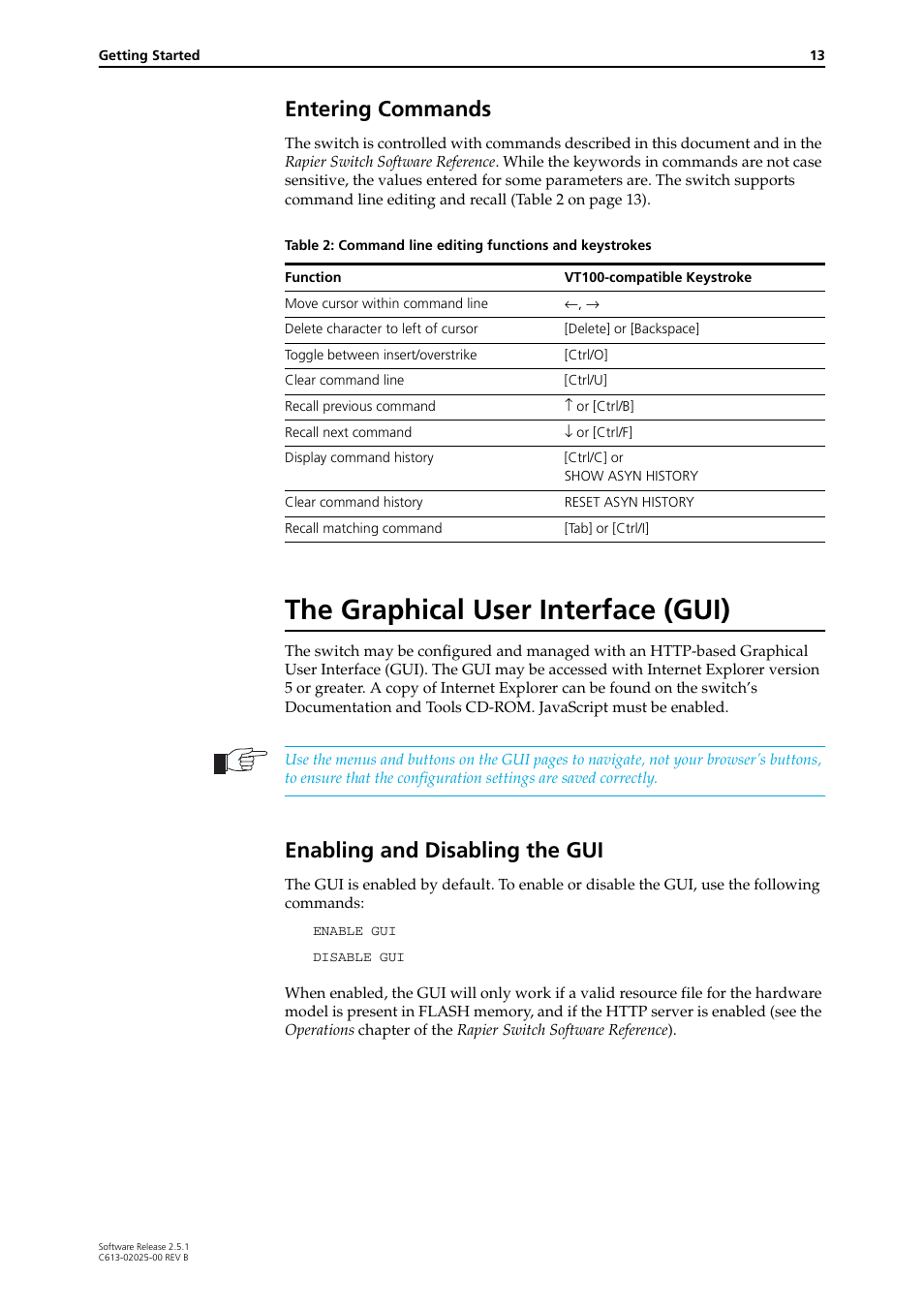 Entering commands, The graphical user interface (gui), Enabling and disabling the gui | Allied Telesis Rapier Switch User Manual | Page 13 / 74