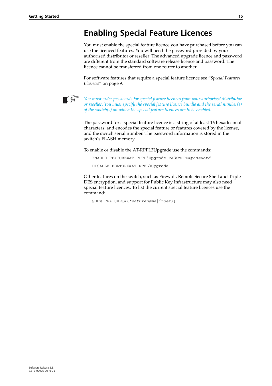 Enabling special feature licences | Allied Telesis Rapier Switch User Manual | Page 15 / 74