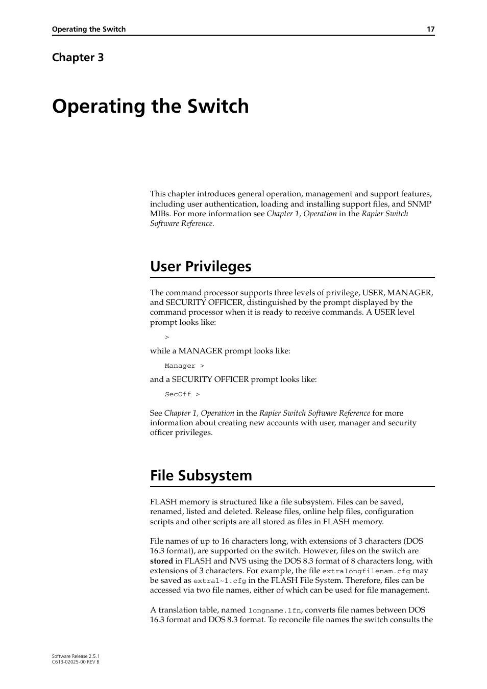 Operating the switch, User privileges, File subsystem | Chapter 3, User privileges file subsystem, Chapter 3, operating the switch intr | Allied Telesis Rapier Switch User Manual | Page 17 / 74