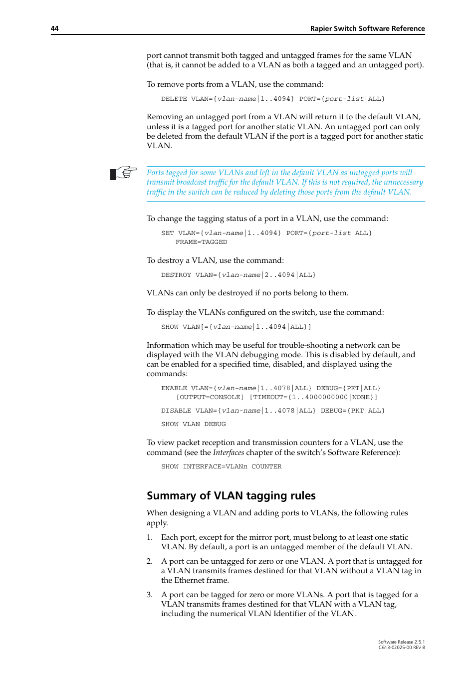 Summary of vlan tagging rules | Allied Telesis Rapier Switch User Manual | Page 44 / 74