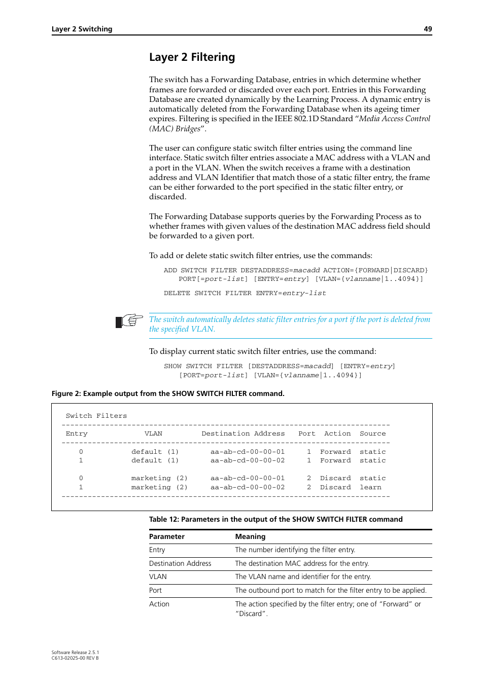 Layer 2 filtering | Allied Telesis Rapier Switch User Manual | Page 49 / 74