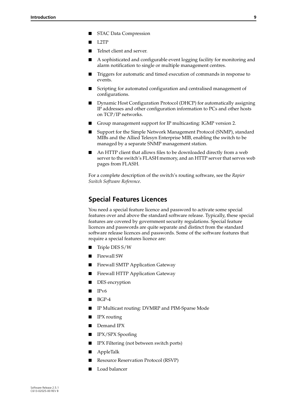 Special features licences | Allied Telesis Rapier Switch User Manual | Page 9 / 74