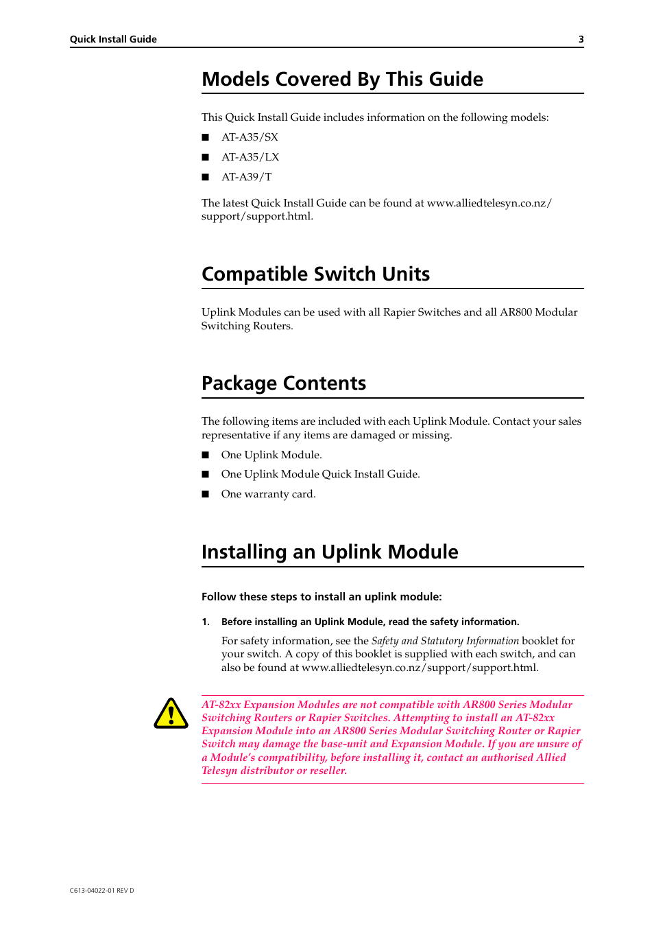 Models covered by this guide, Compatible switch units, Package contents | Installing an uplink module | Allied Telesis Uplink Module User Manual | Page 3 / 6