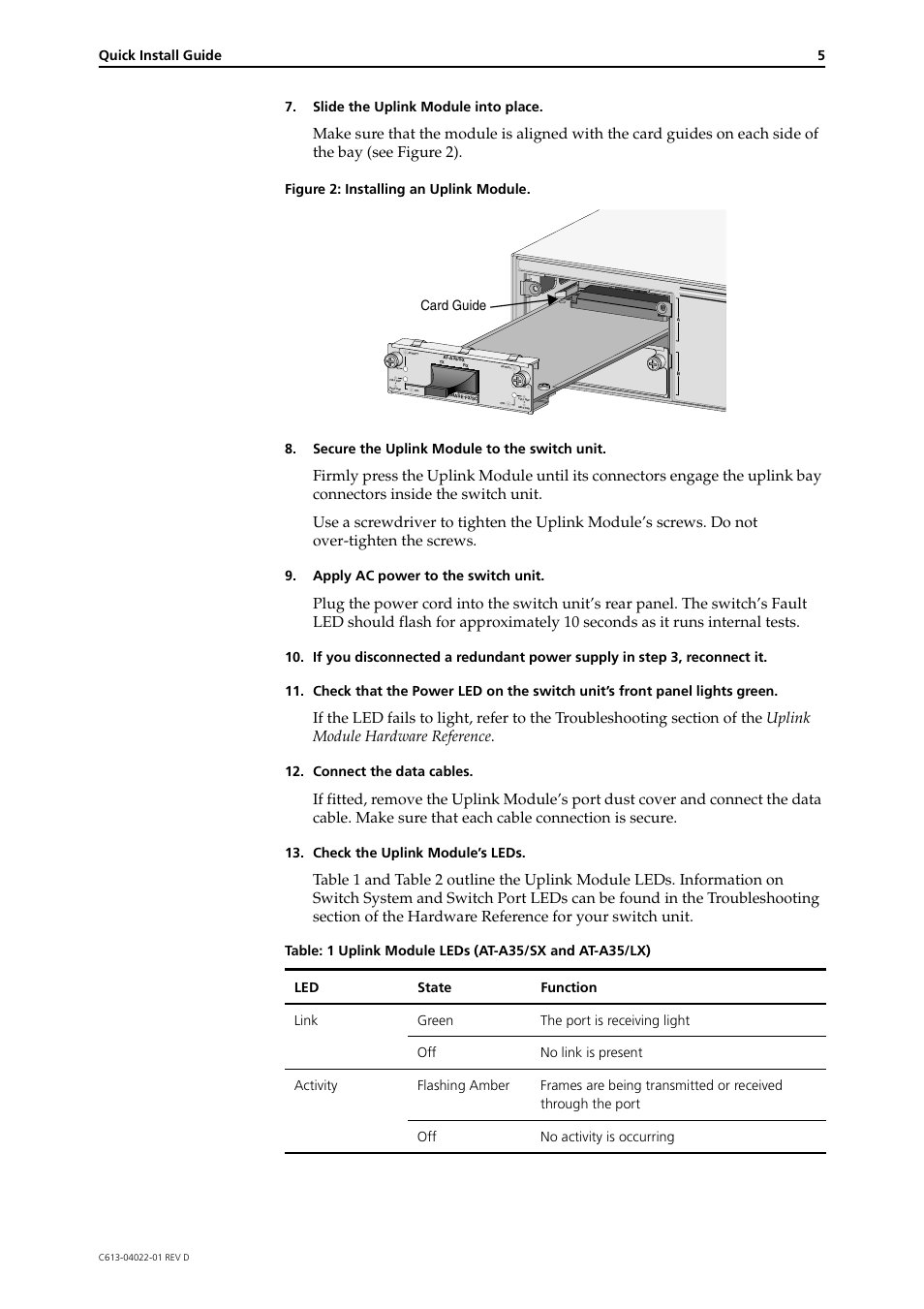 Quick install guide 5, Slide the uplink module into place, Apply ac power to the switch unit | Connect the data cables, Check the uplink module’s leds, Card guide | Allied Telesis Uplink Module User Manual | Page 5 / 6