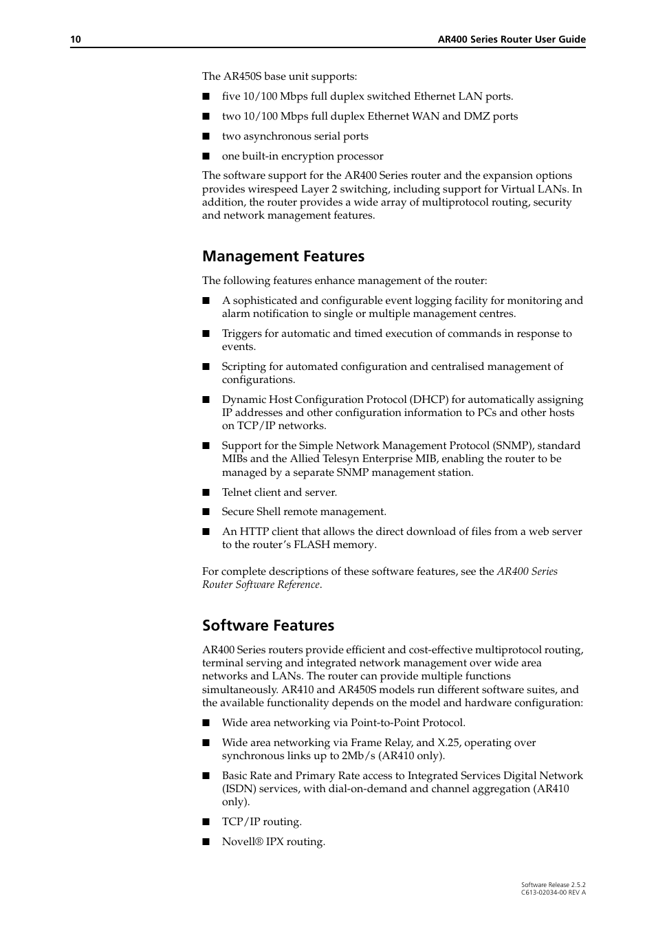 Management features software features, Management features, Software features | Allied Telesis AR400 Series Router User Manual | Page 10 / 119