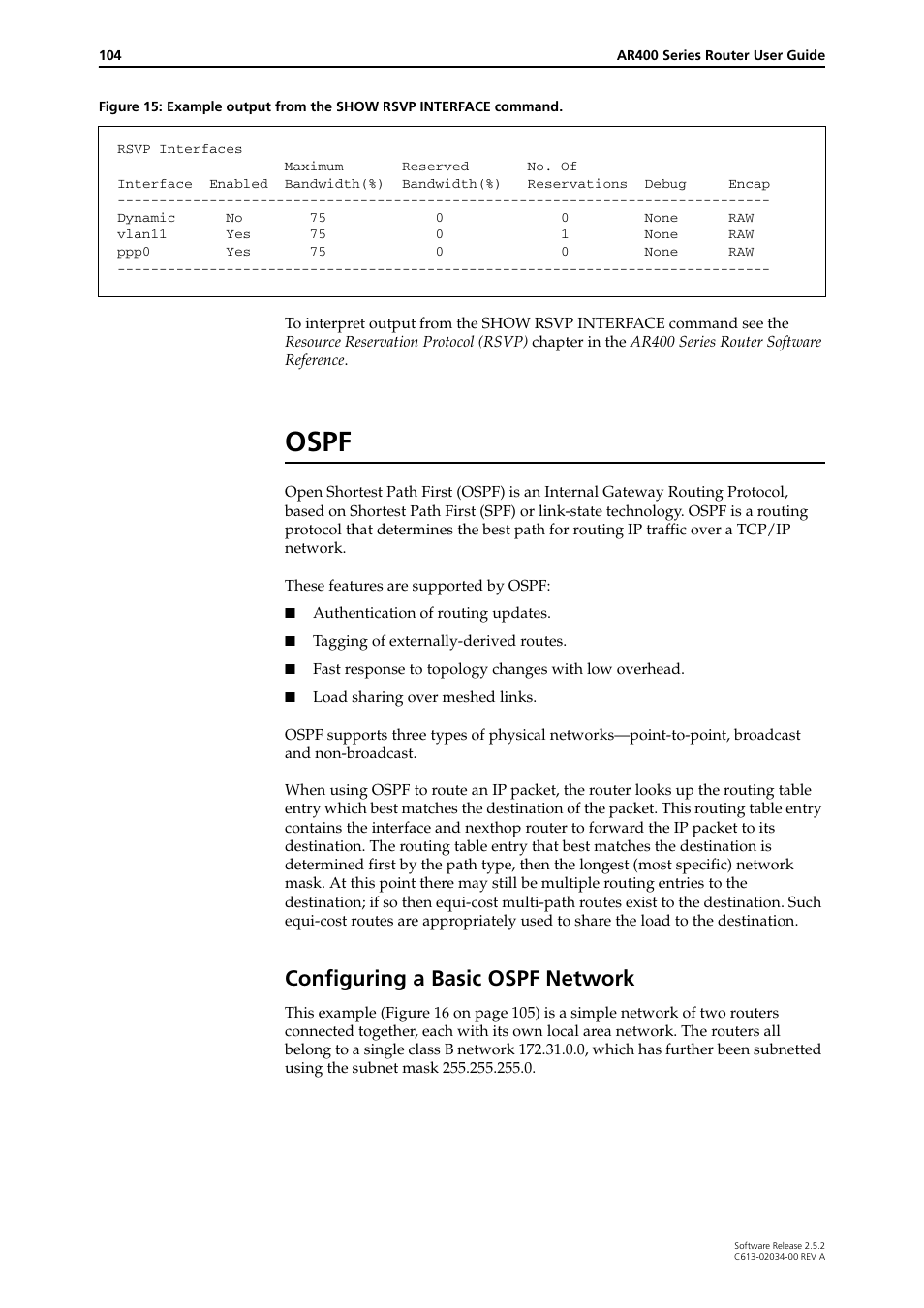 Ospf, Configuring a basic ospf network | Allied Telesis AR400 Series Router User Manual | Page 104 / 119