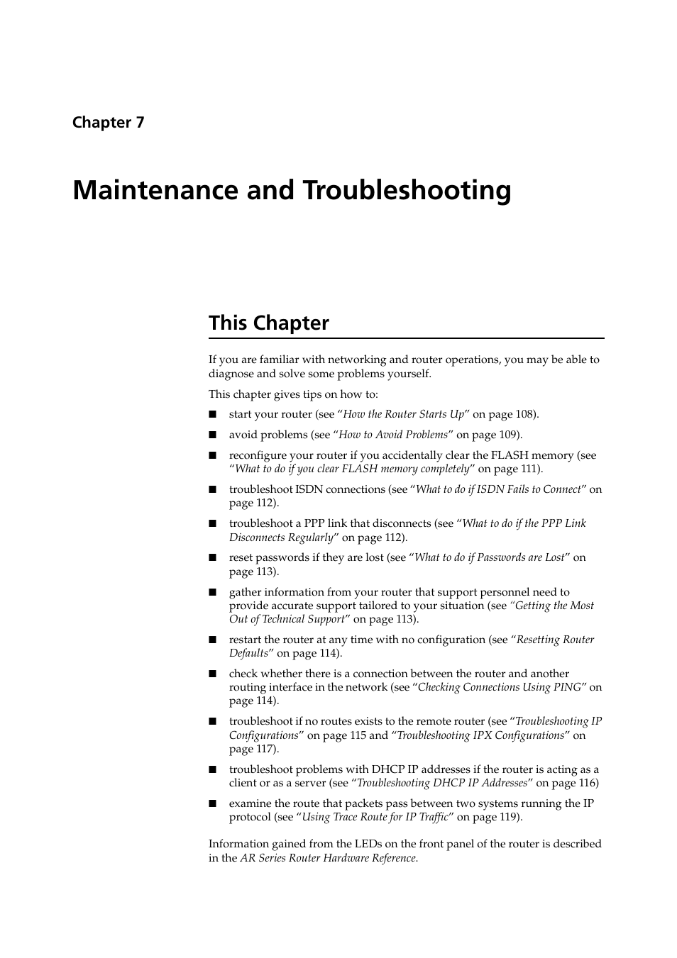 Maintenance and troubleshooting, This chapter, Chapter 7 | Chapter 7, maintenance and troubleshooting des | Allied Telesis AR400 Series Router User Manual | Page 107 / 119