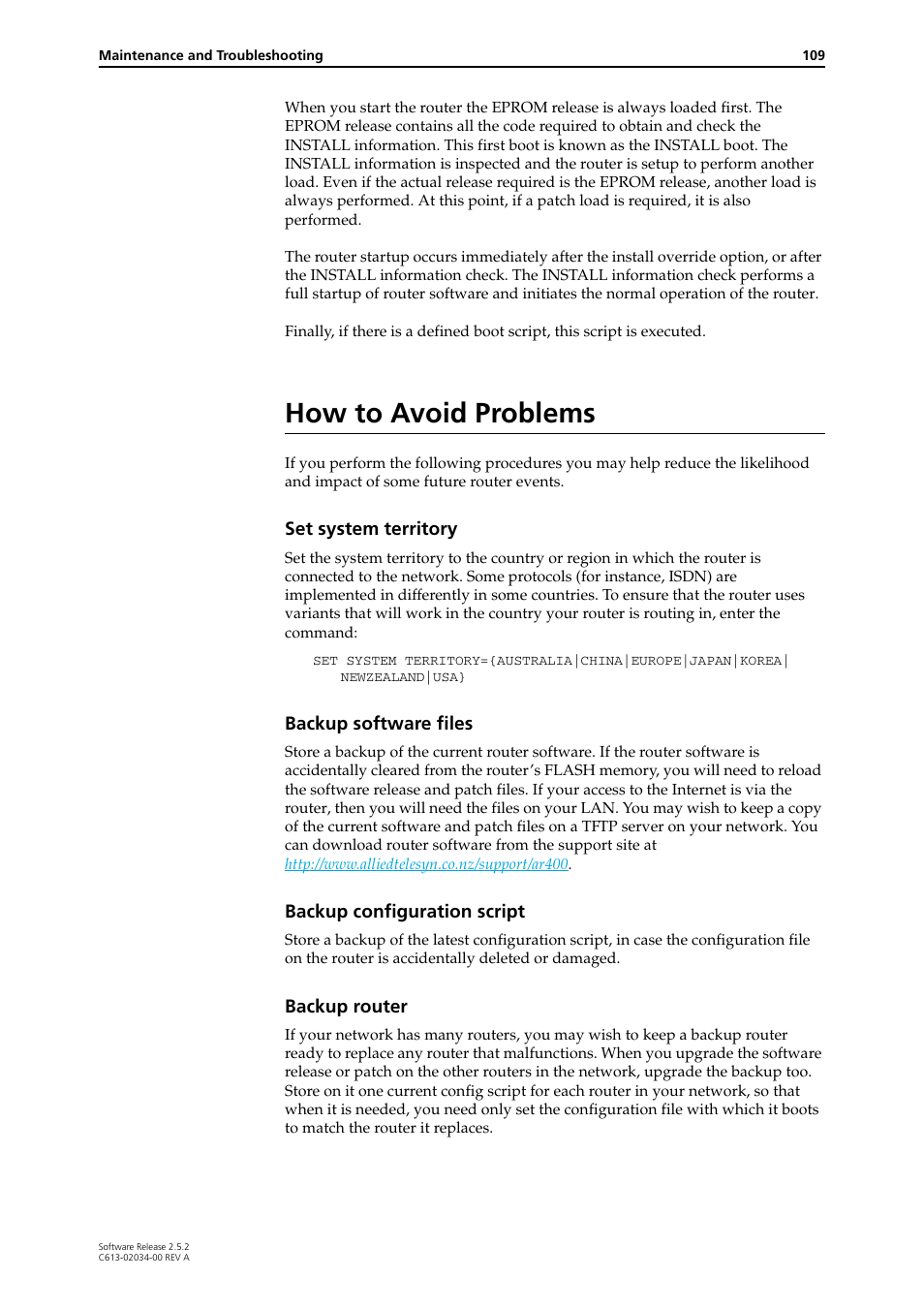 How to avoid problems | Allied Telesis AR400 Series Router User Manual | Page 109 / 119