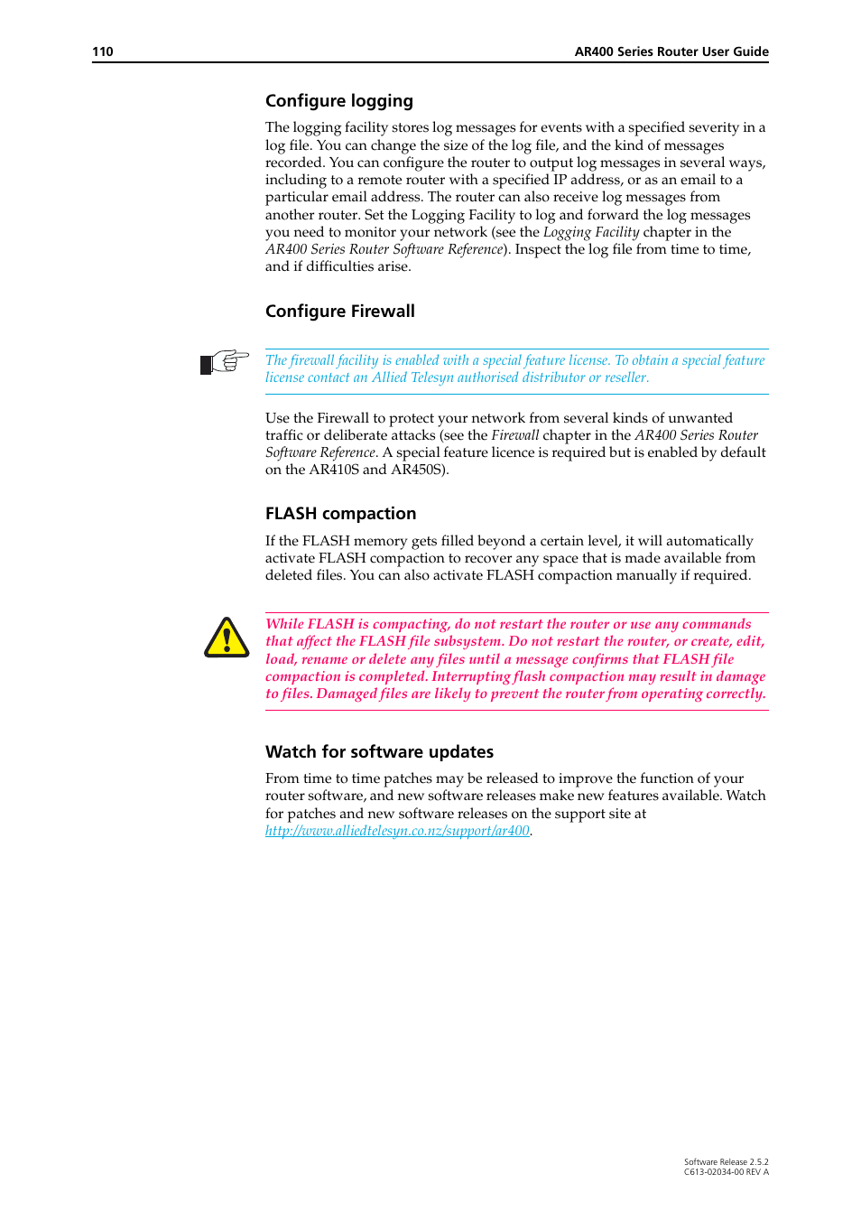 Configure logging, Configure firewall, Flash compaction | Watch for software updates | Allied Telesis AR400 Series Router User Manual | Page 110 / 119
