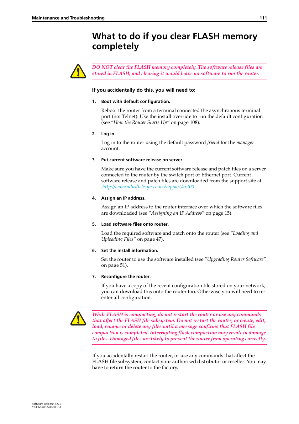 What to do if you clear flash memory completely | Allied Telesis AR400 Series Router User Manual | Page 111 / 119