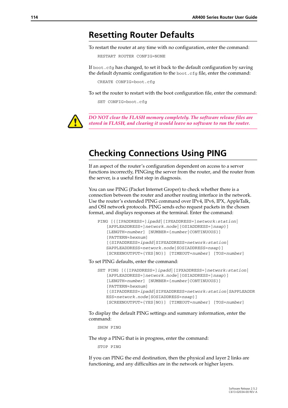 Resetting router defaults, Checking connections using ping | Allied Telesis AR400 Series Router User Manual | Page 114 / 119