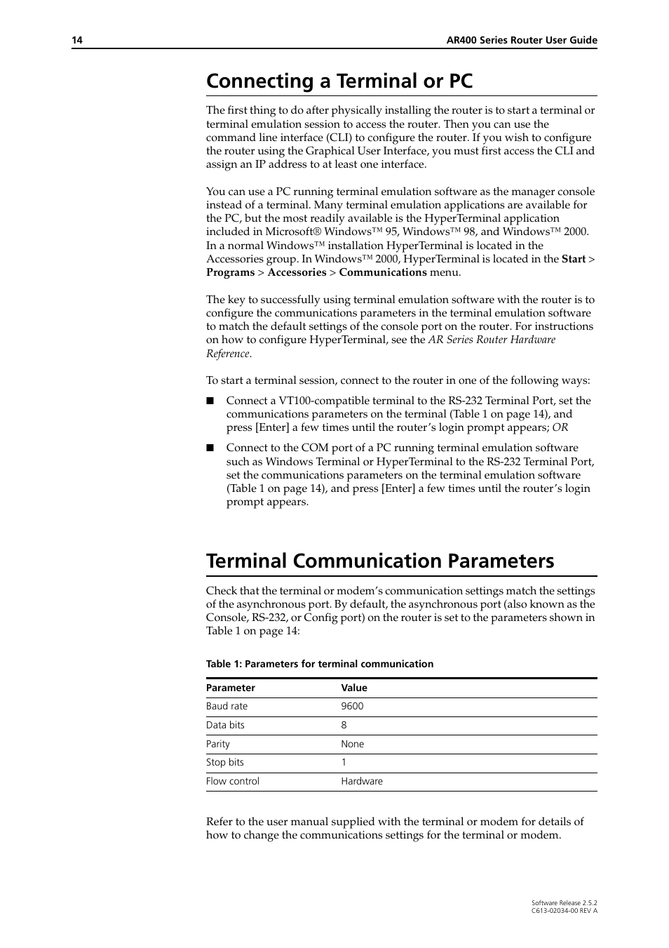 Connecting a terminal or pc, Terminal communication parameters | Allied Telesis AR400 Series Router User Manual | Page 14 / 119