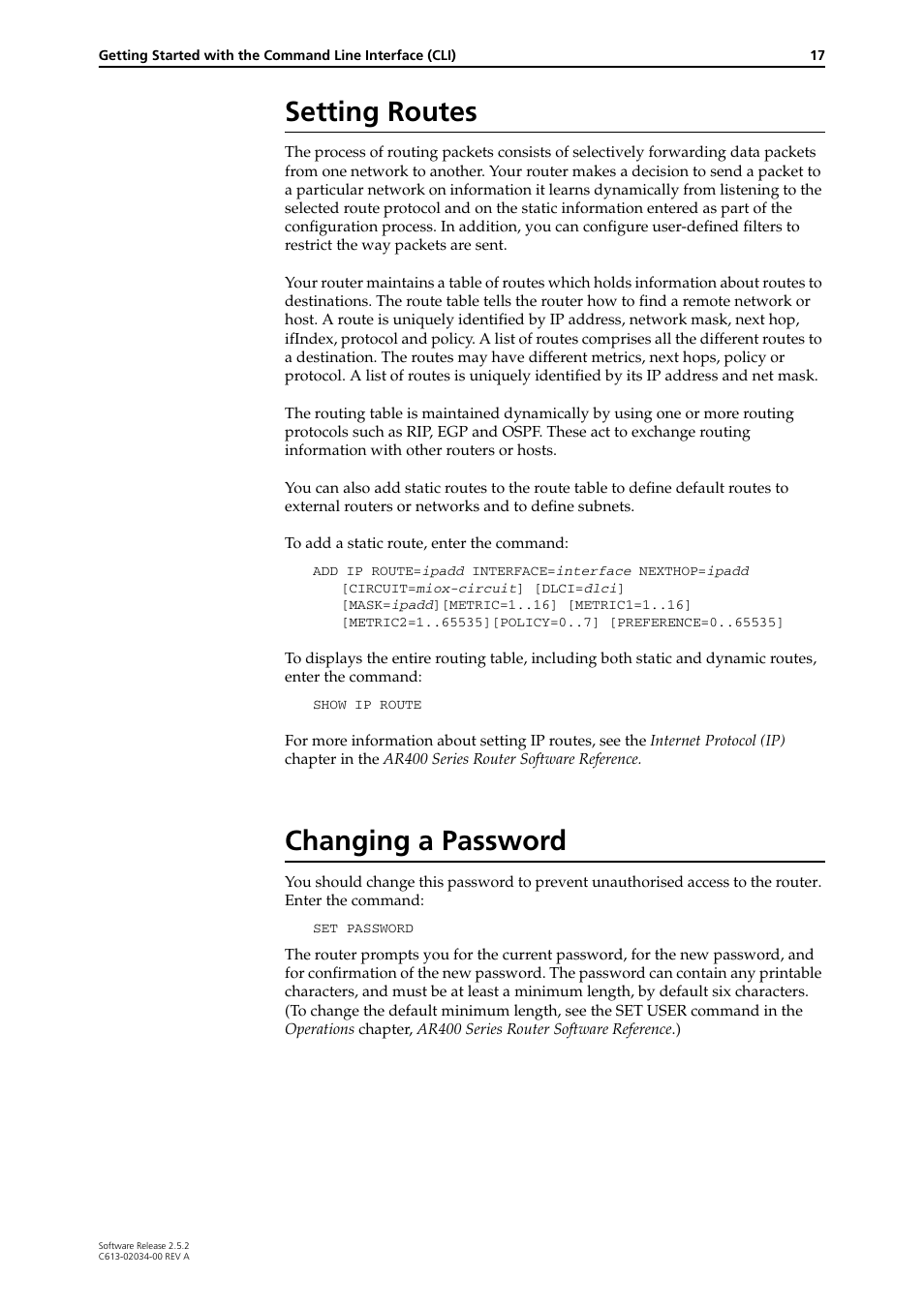 Setting routes, Changing a password, Setting routes changing a password | Allied Telesis AR400 Series Router User Manual | Page 17 / 119