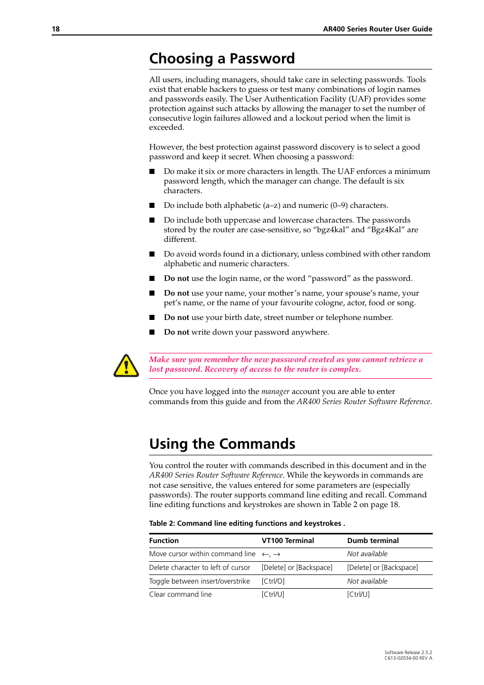Choosing a password, Using the commands, Choosing a password using the commands | Allied Telesis AR400 Series Router User Manual | Page 18 / 119