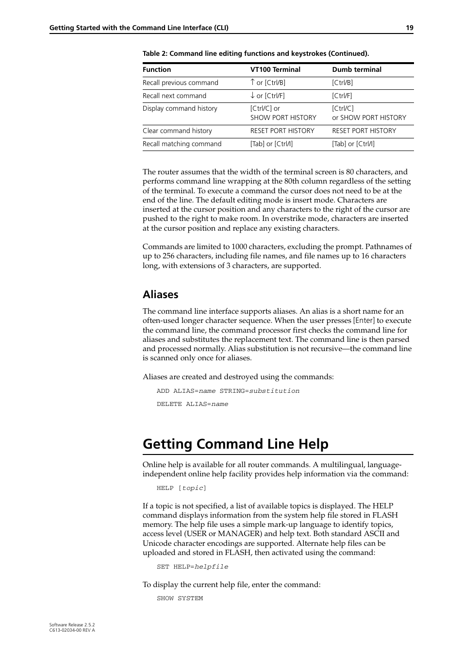 Getting command line help, Aliases | Allied Telesis AR400 Series Router User Manual | Page 19 / 119
