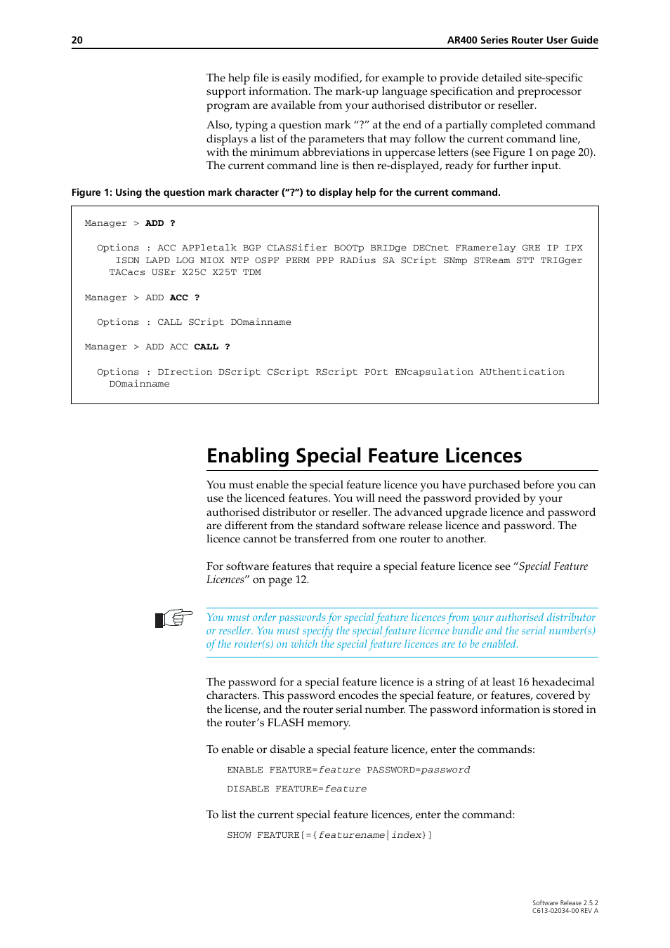 Enabling special feature licences | Allied Telesis AR400 Series Router User Manual | Page 20 / 119