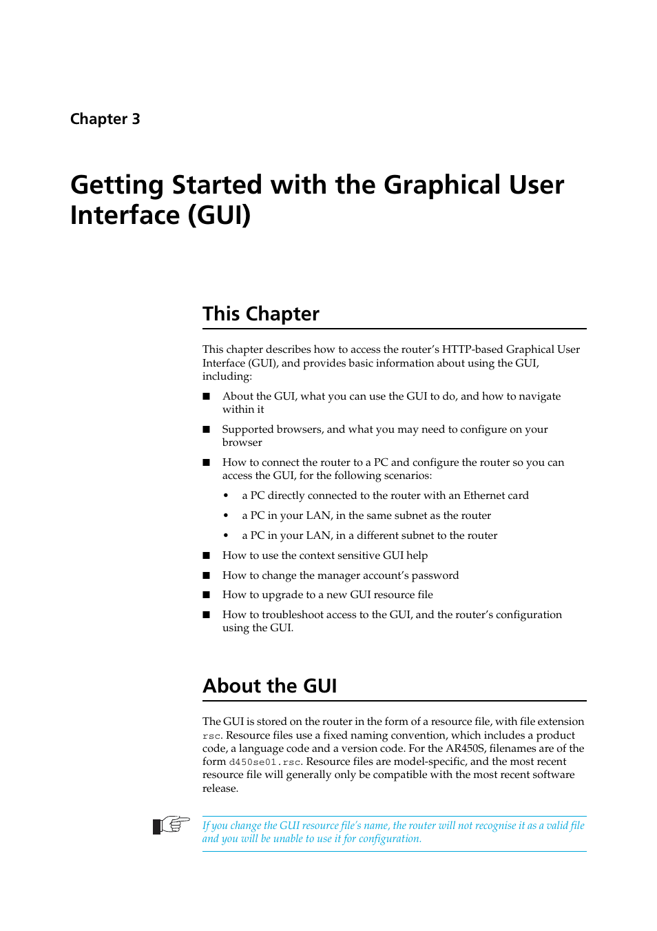 This chapter, About the gui, Chapter 3 | This chapter about the gui | Allied Telesis AR400 Series Router User Manual | Page 23 / 119