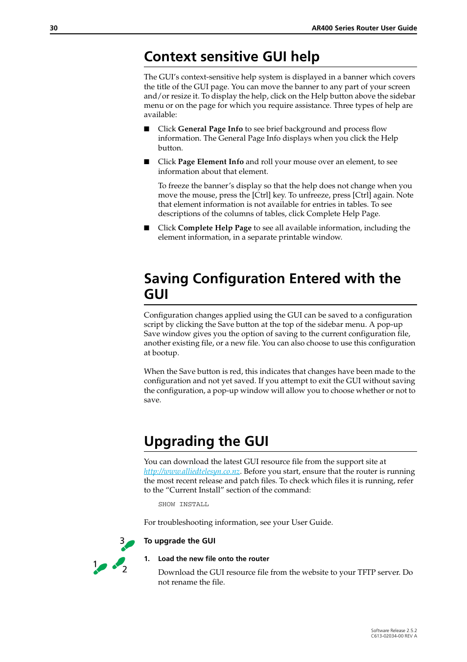 Context sensitive gui help, Saving configuration entered with the gui, Upgrading the gui | Allied Telesis AR400 Series Router User Manual | Page 30 / 119